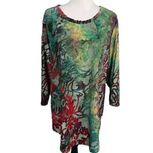 Calessa Art to Wear Fringed Burnout Multicolor 3/4 Sleeve Tunic Top Blouse Sz 2X